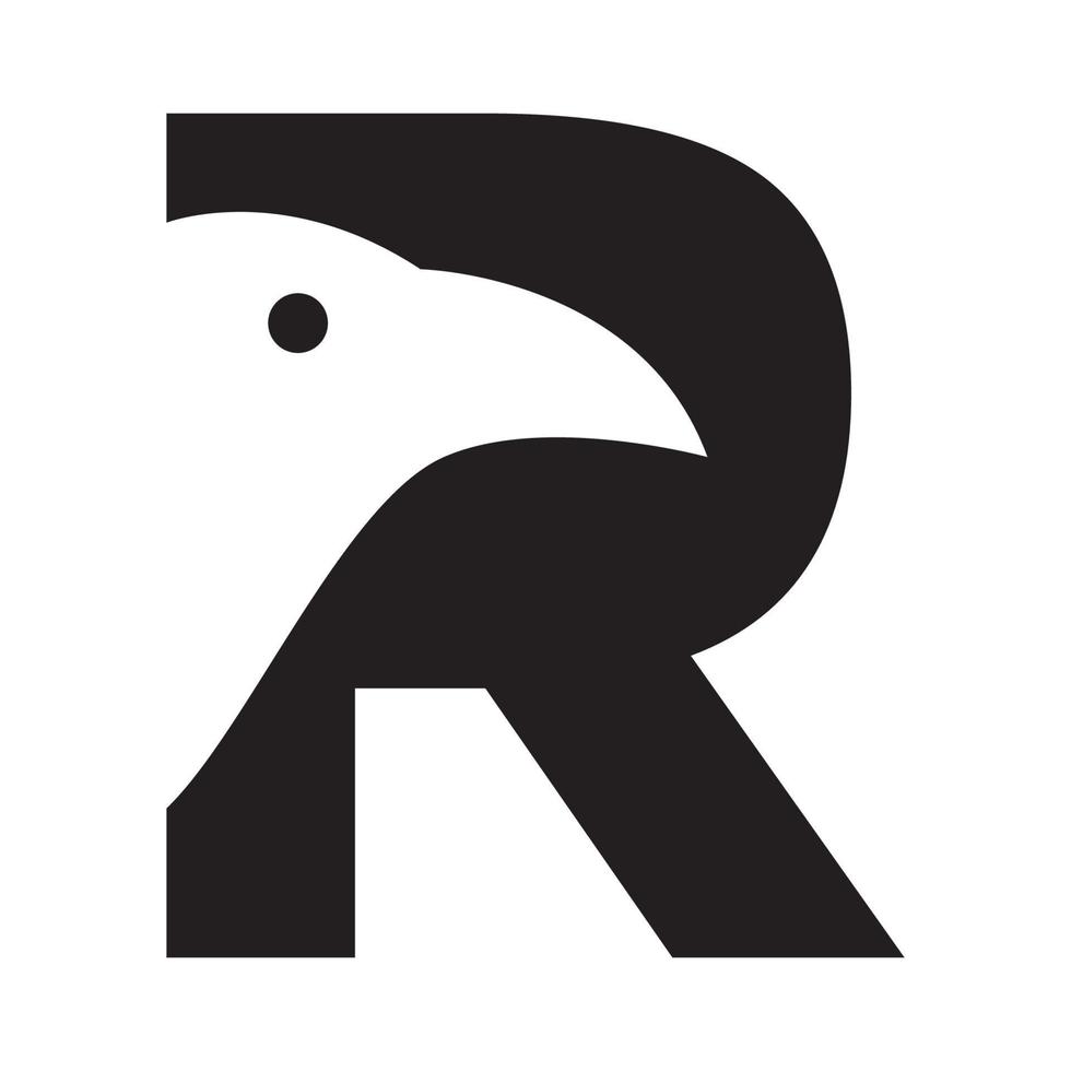 letra r com design de ilustração de ícone de vetor de logotipo de pássaro de cabeça de corvo
