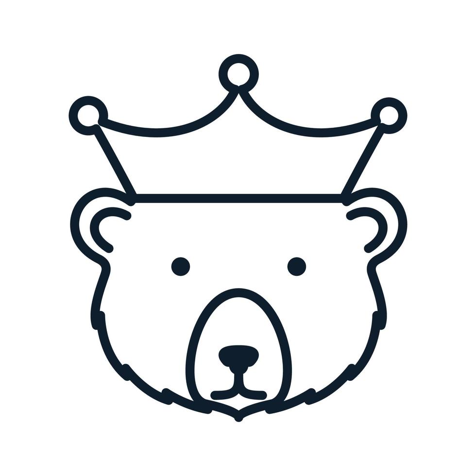 contorno de arte de linha fofa de cabeça de urso com design de ilustração vetorial de logotipo de coroa vetor