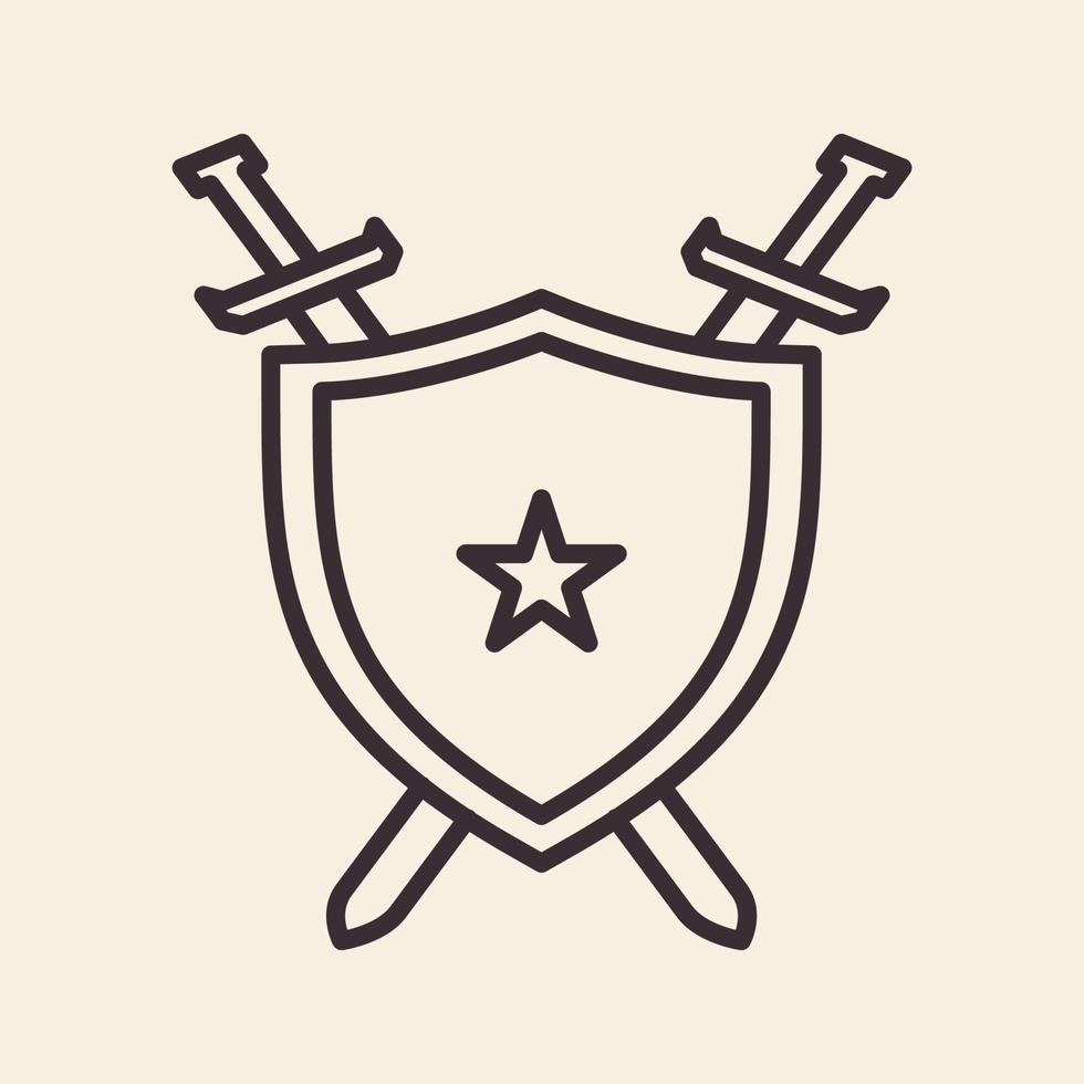 linhas de escudo ou guarda com espadas design de logotipo estrela vetor ícone símbolo ilustração