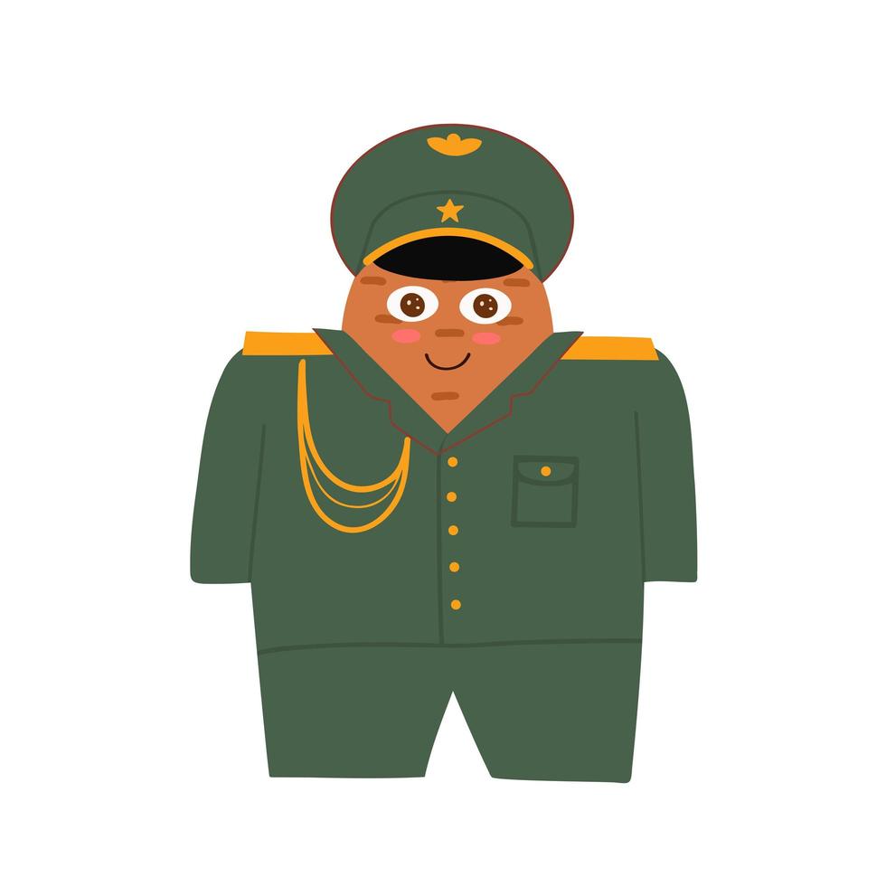 batata na jaqueta, uniforme militar. batata com olhos. ilustração para fundos, embalagens, cartões, cartazes, adesivos, design têxtil e sazonal. isolado no fundo branco. vetor