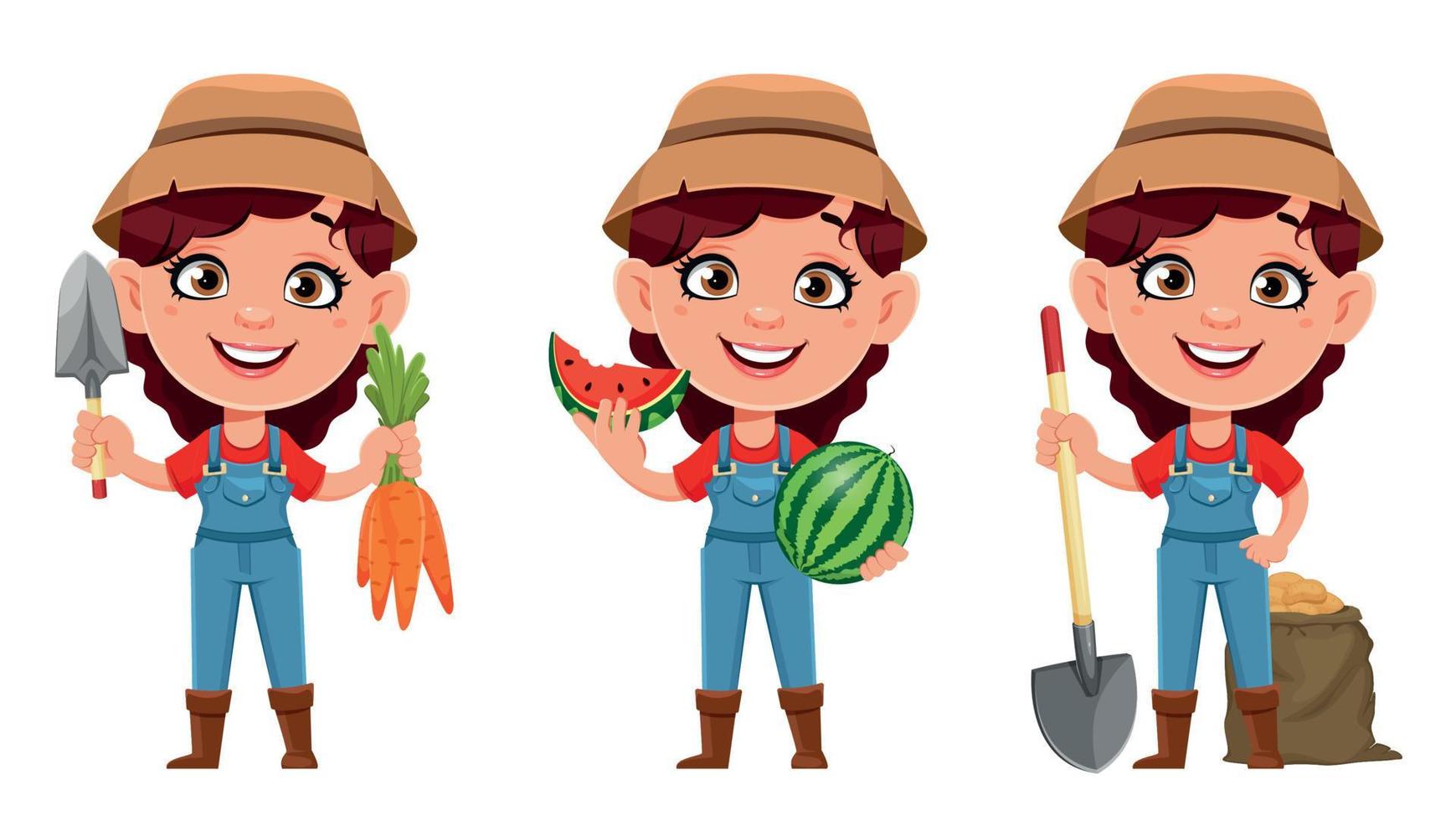 personagem de desenho animado de mulher agricultora, conjunto de três poses vetor