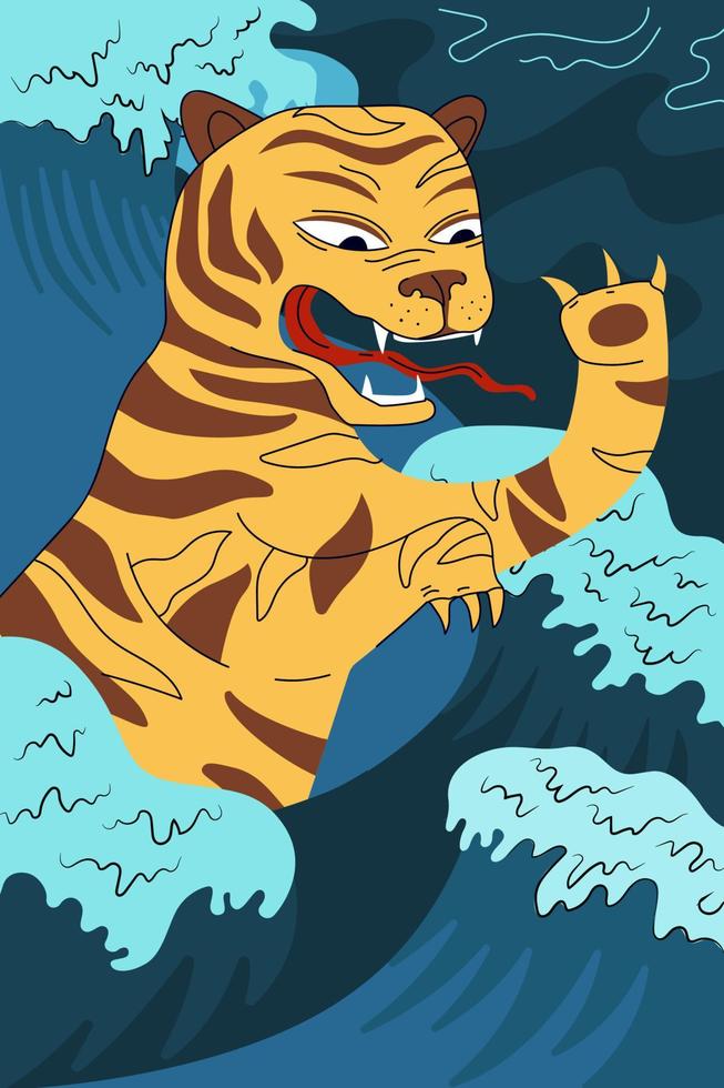 ano novo chinês do cartaz de tigre de água azul. cartão com símbolo anual tradicional da china. banner desenhado à mão para o calendário oriental 2022 povo asiático desenhando ilustração vetorial de ondas abstratas vetor