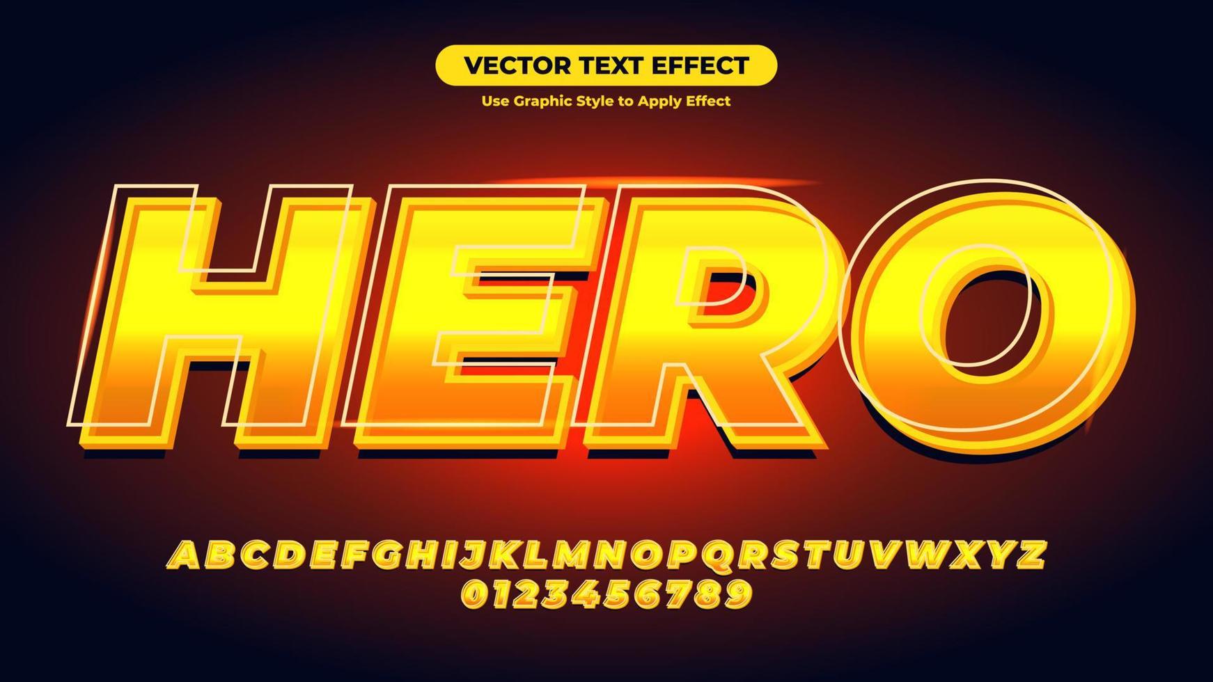 efeito de texto 3d de herói vermelho e amarelo neon vetor