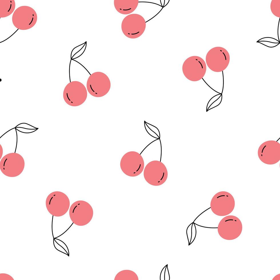 cerejas vermelhas em um fundo rosa sem costura padrão de fundo de frutas para impressão, ilustração vetorial de decoração de papel de parede vetor