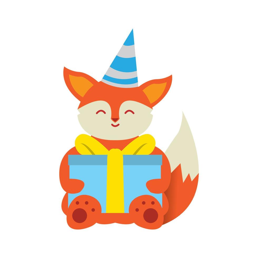 desenho animado de raposa com ilustração vetorial de ícone de aniversário de caixa de presente vetor