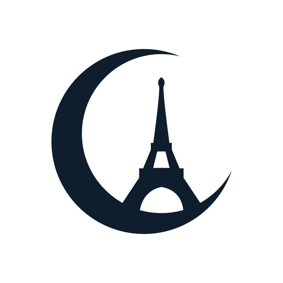 torre eiffel com design de ícone de vetor de logotipo crescente