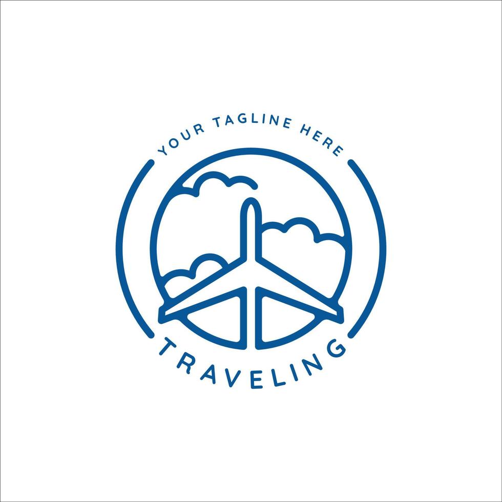 avião viagens logotipo linha arte ilustração vetorial modelo ícone design gráfico. avião no céu com símbolo de nuvem com crachá de círculo e estilo de tipografia vetor