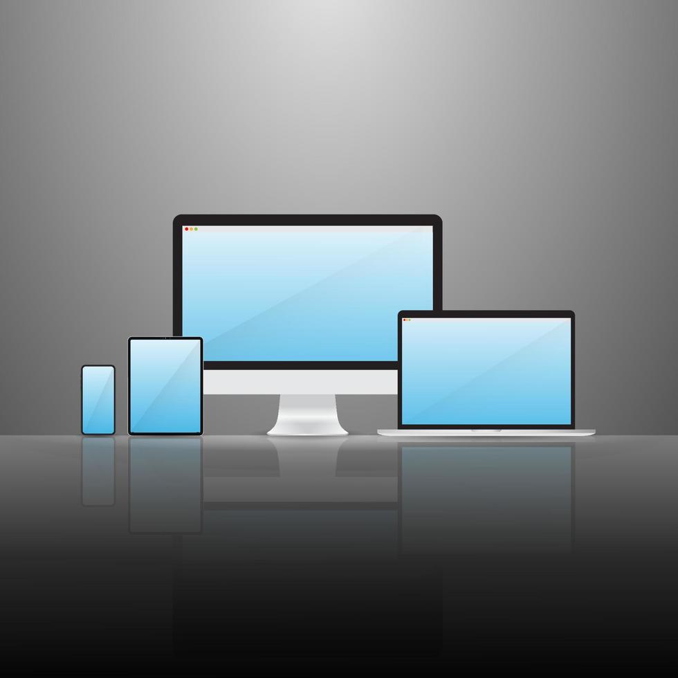 computador realista, tablet digital, celular e laptop com tela azul vetor