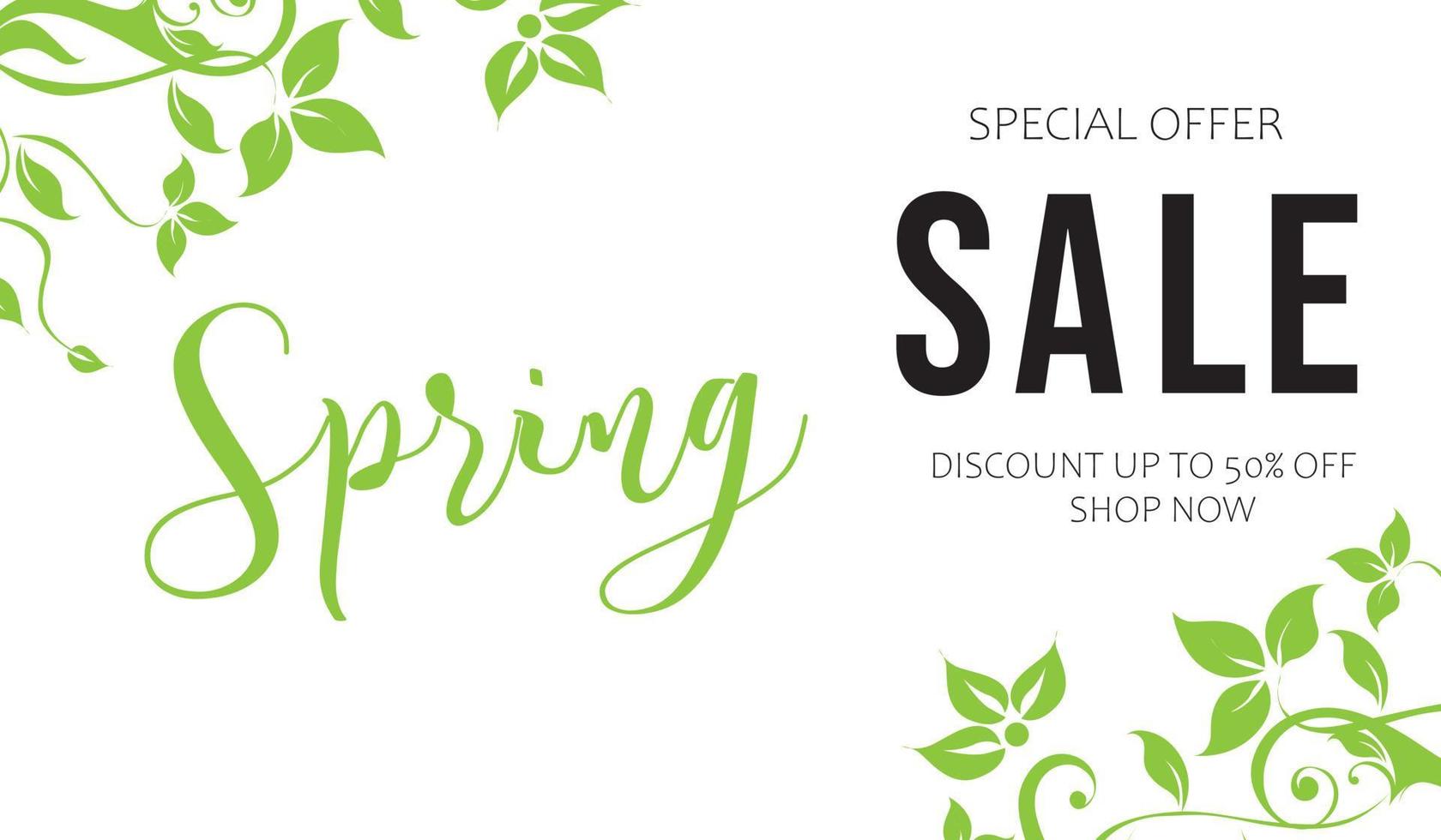 banner de oferta especial de venda de primavera. fundo de temporada de primavera com letras de mão e folhas verdes de primavera para negócios, compras sazonais, promoção e publicidade vetor