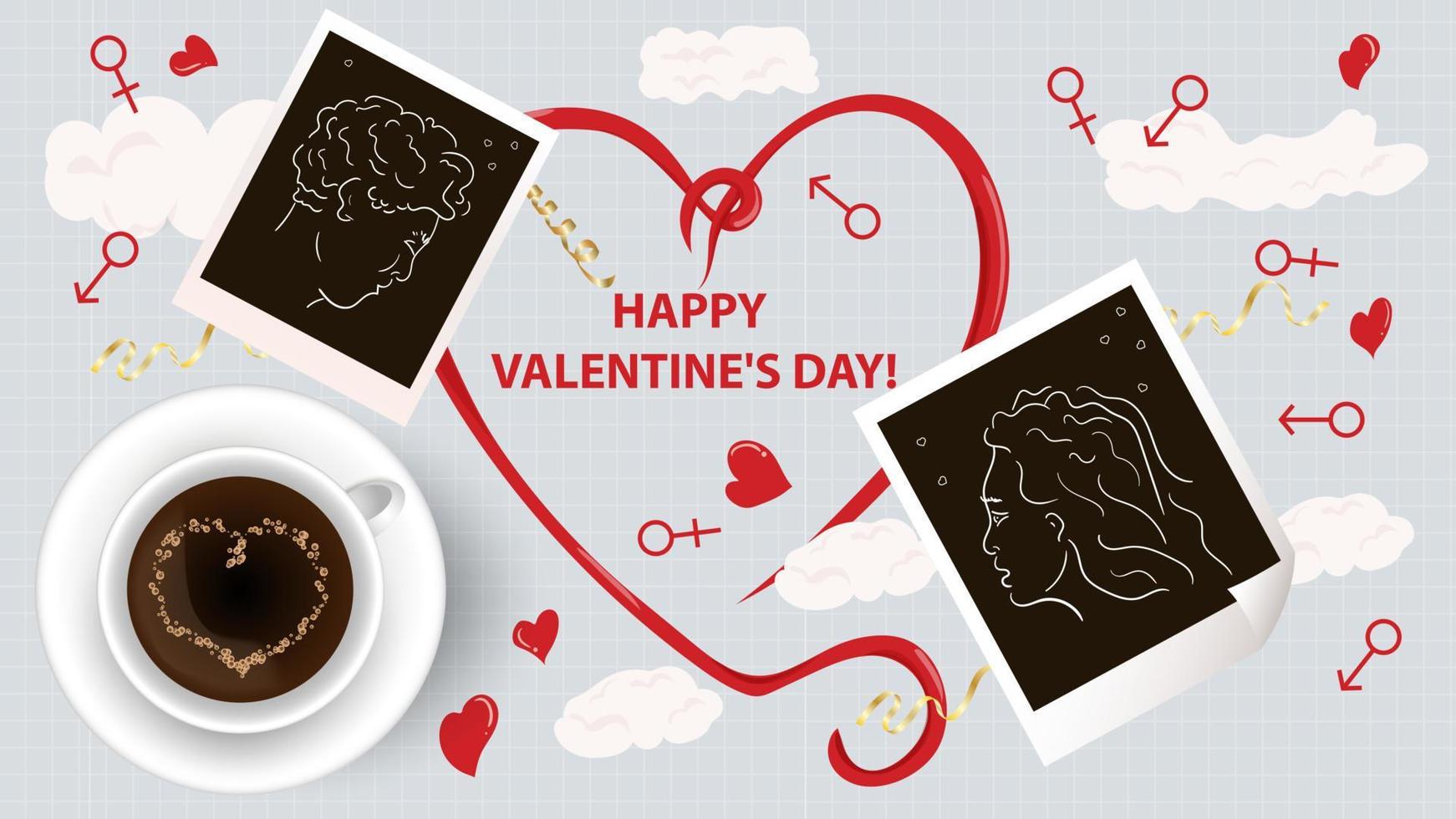 ilustração em um estilo simples para o feriado do dia dos namorados duas fotos e no meio um coração com cachos ao lado de uma xícara em um fundo de pires uma folha de caderno em uma gaiola vetor