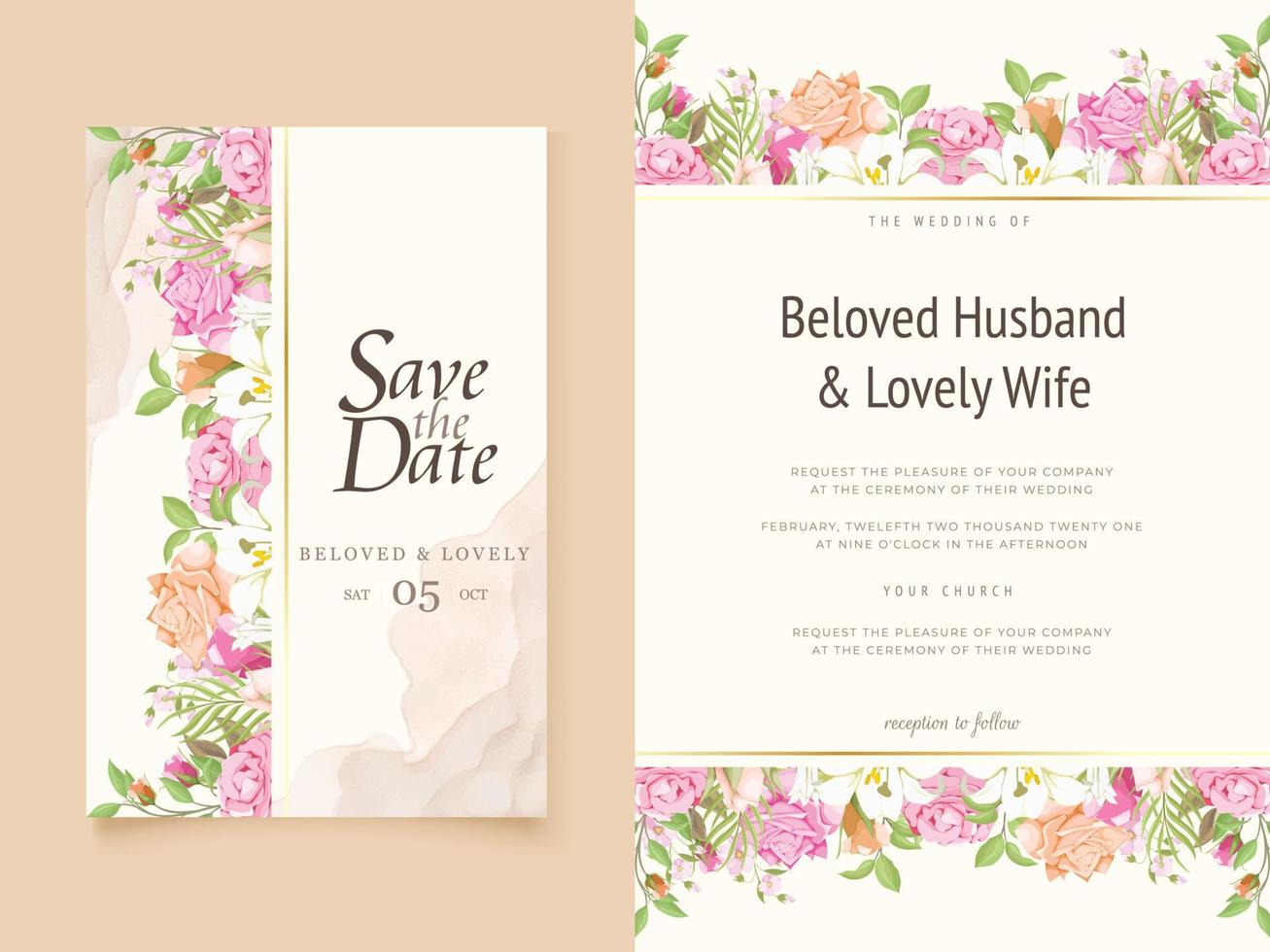 cartão de convite de casamento floral com design de lírios e rosas vetor
