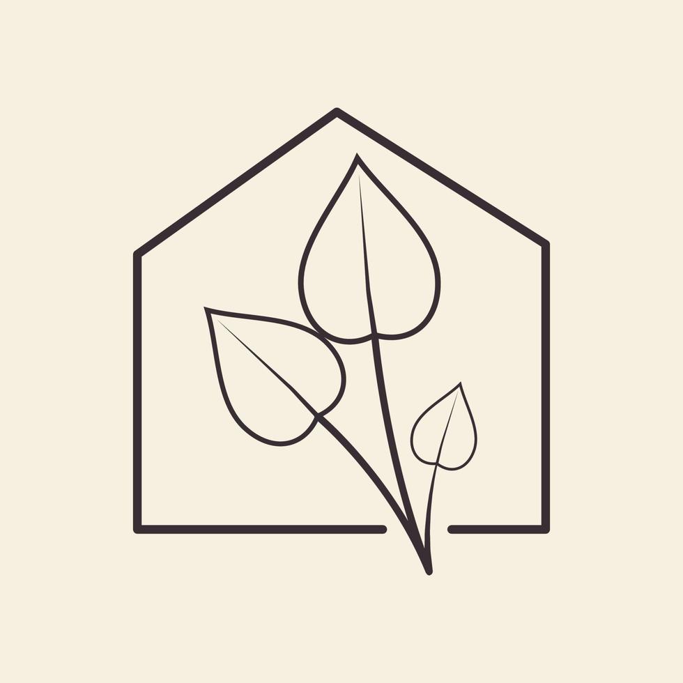 forma de linha em casa com folha planta jardim hipster logotipo símbolo ícone vetor design gráfico ilustração ideia criativa