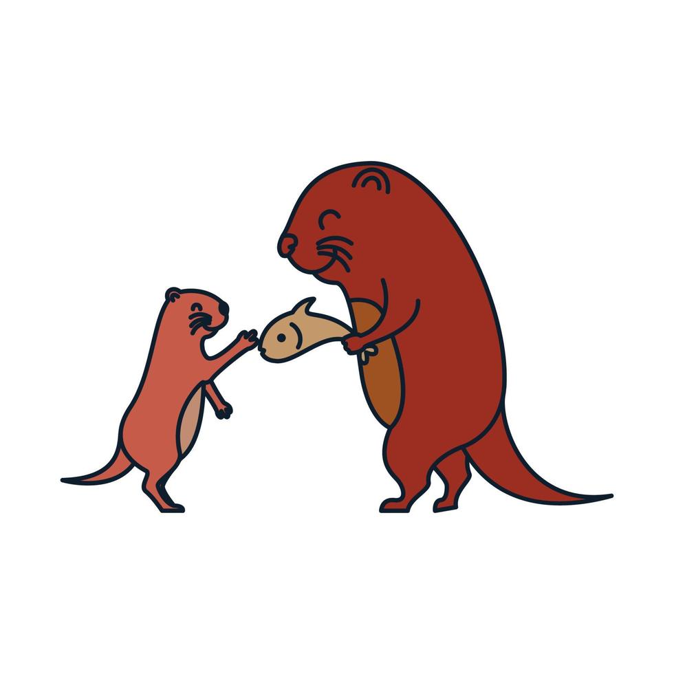 lontra com peixe sorri design de ilustração vetorial de logotipo de desenho animado fofo vetor