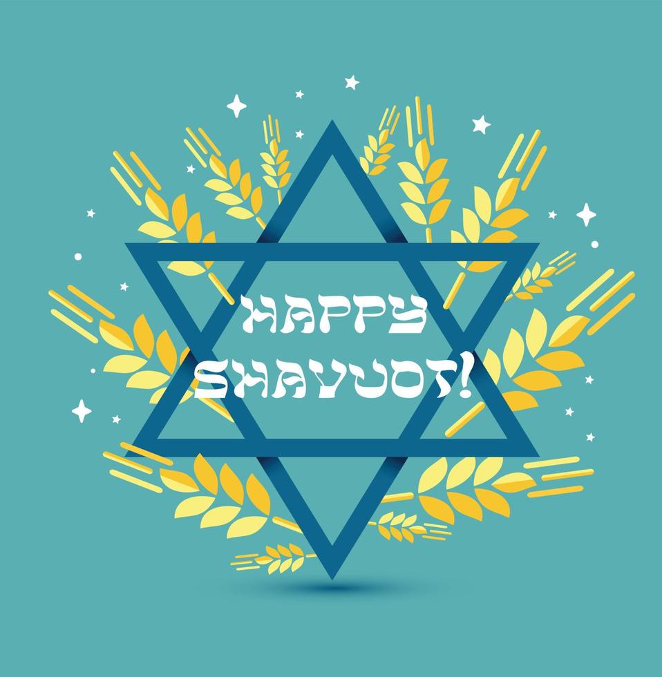 feliz shavuot. feriado judaico. cartão de saudação de Israel. ilustração vetorial com parabéns em um quadro de espigas de trigo sobre fundo azul com estrela de David azul. vetor