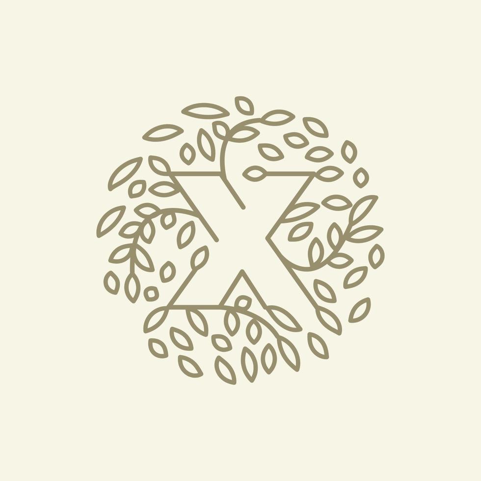 inicial x ou letra x com ornamento de folha no design de ilustração de ícone de vetor de logotipo moderno de luxo círculo