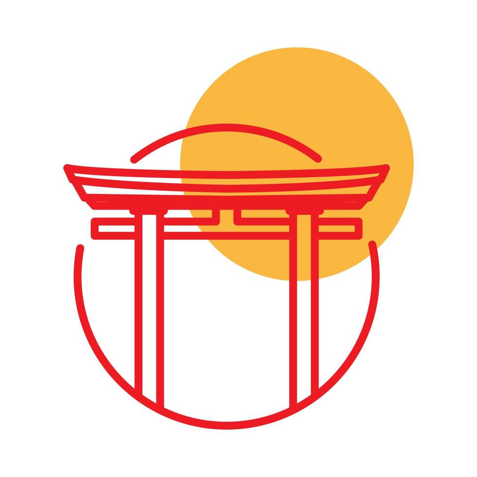 torii vermelho japão com ilustração de design gráfico de vetor de ícone de símbolo de logotipo do pôr do sol