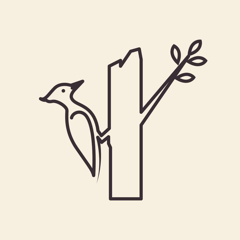 pica-pau de pássaro com tronco de árvore linha logotipo símbolo ícone vetor design gráfico ilustração ideia criativa