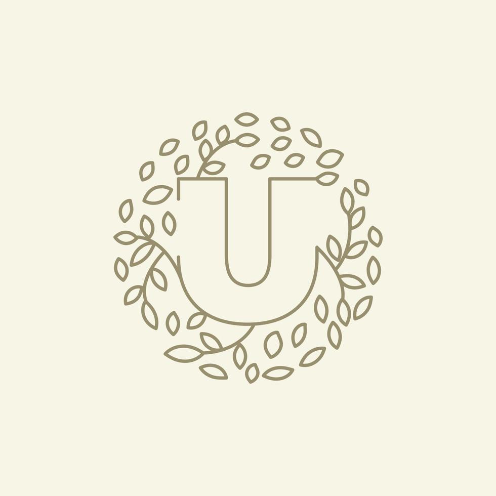 inicial u ou letra u com ornamento de folha no design de ilustração de ícone de vetor de logotipo moderno de luxo círculo