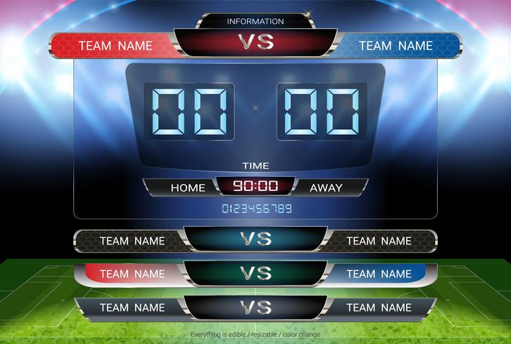 Placar de tempo digital e modelo de terços inferiores, futebol ou jogo de futebol equipe A vs equipe B. vetor