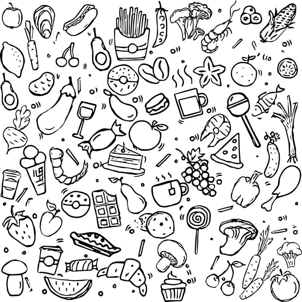 vetor definido ícones com alimentos. doodle vector com ícones de alimentos em fundo branco. ícones de conjunto de comida vintage, fundo de elementos doces para seu projeto, menu, loja de café.