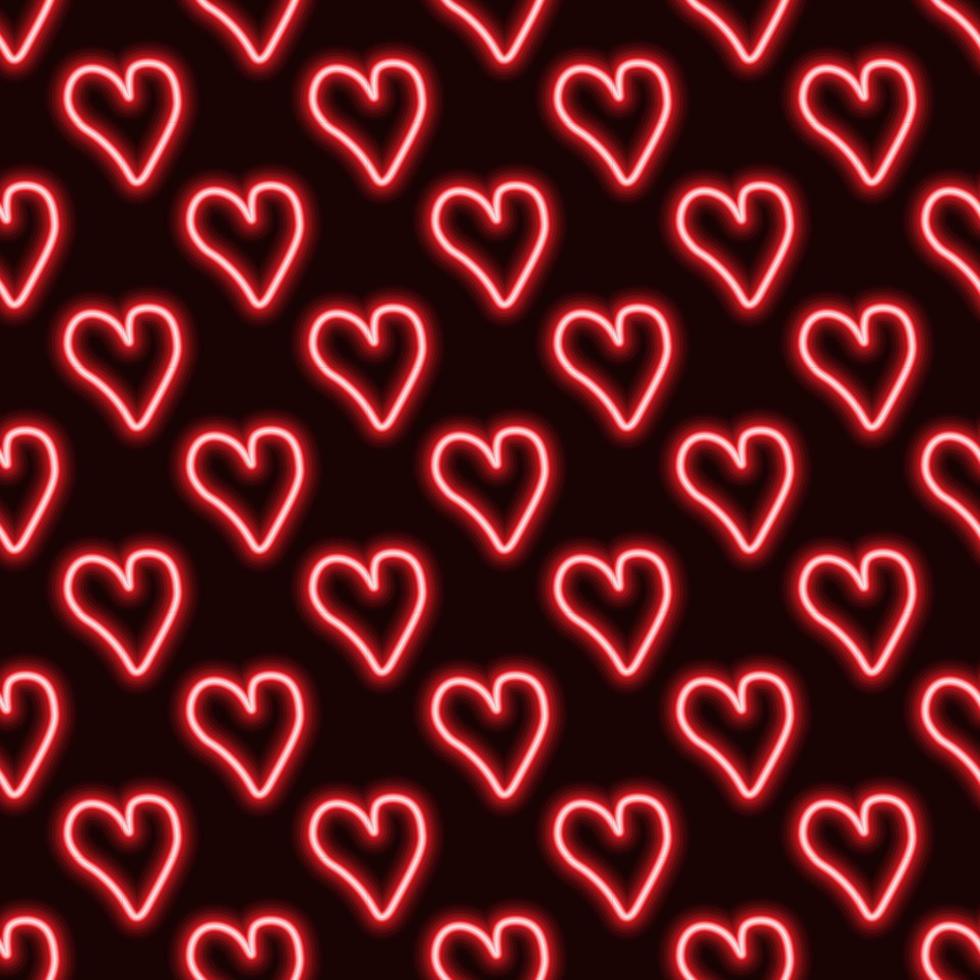 padrão de corações de néon. padrão de dia dos namorados. corações vermelhos em fundo escuro vetor