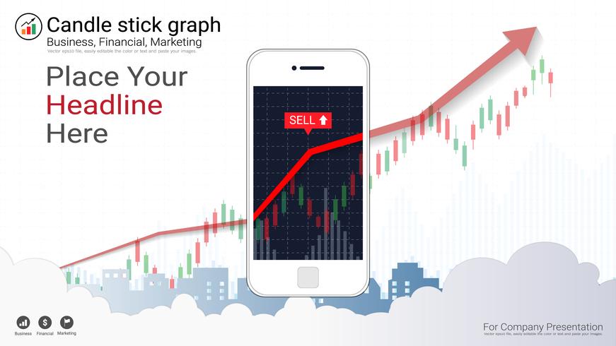 Conceito de negociação de ações móveis com gráficos de gráficos candlestick e financeiros na tela. vetor