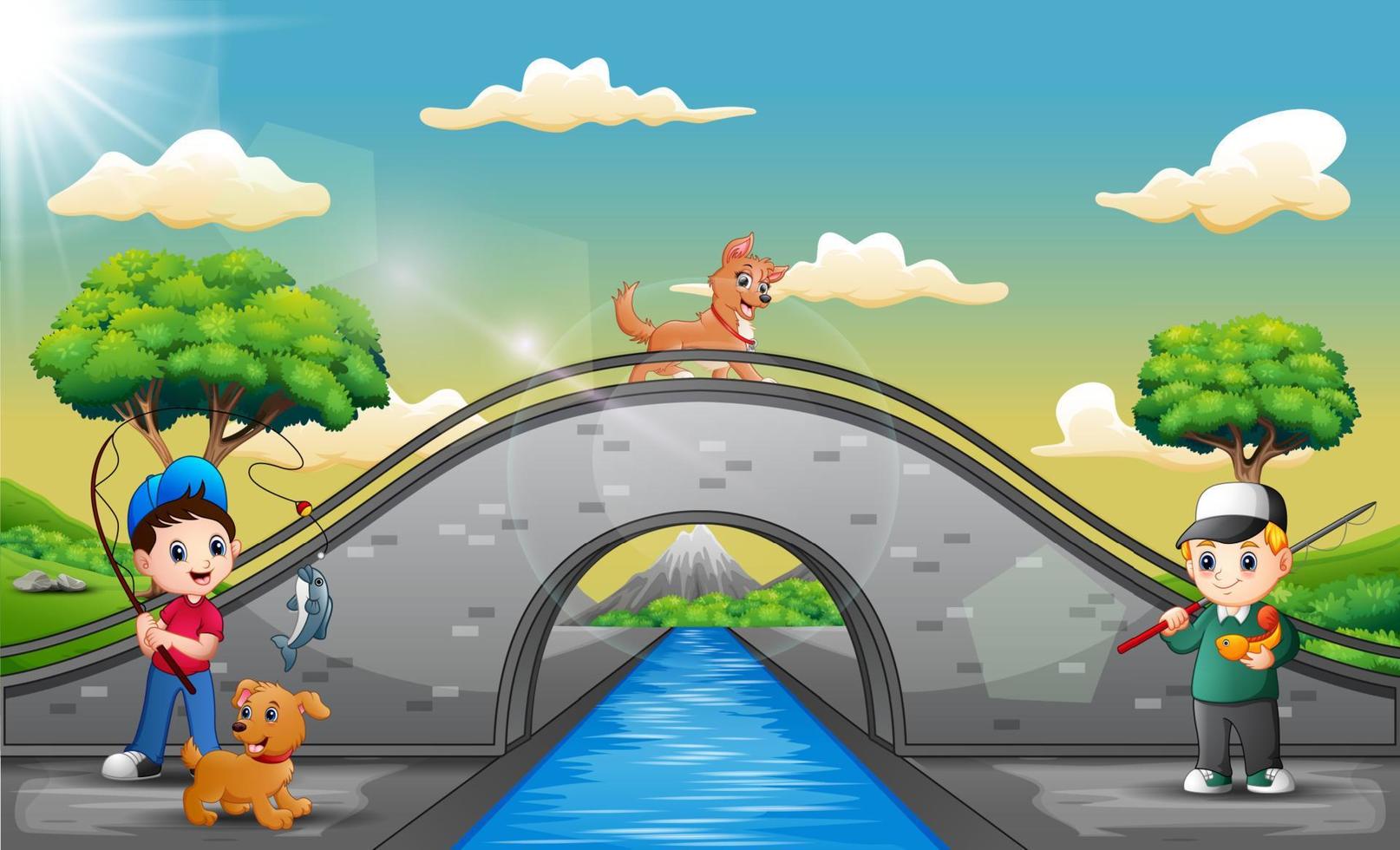 desenhos animados de meninos com seu animal de estimação pescando na ponte vetor