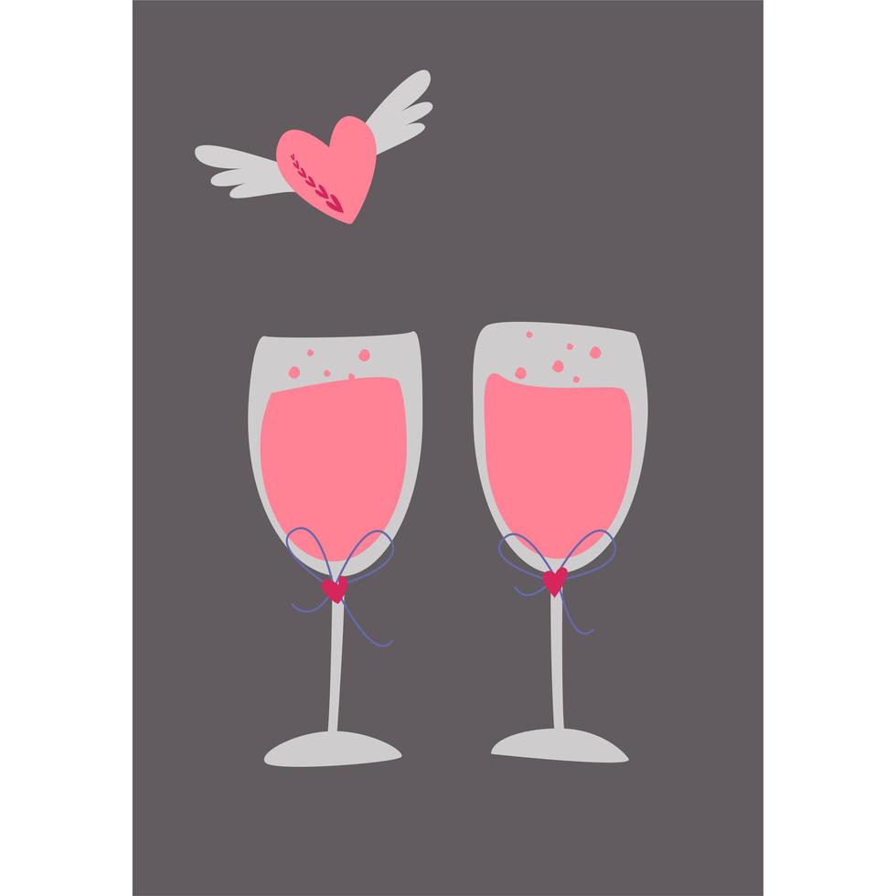 duas taças de champanhe rosa. um coração com asas. vetor