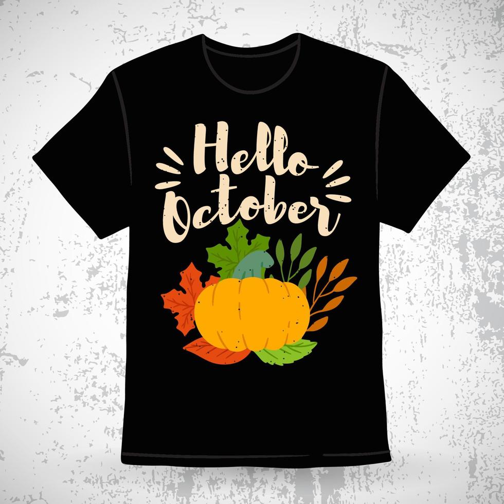 olá tipografia de outubro com design de camiseta de abóbora vetor