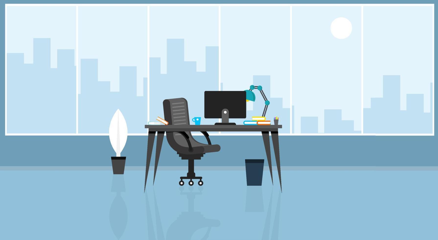 aprendendo e ensinando escritório de negócios para trabalhar interior moderno, armário de escritório com ilustração vetorial colorida de computador em design de vetor de estilo cartoon plana