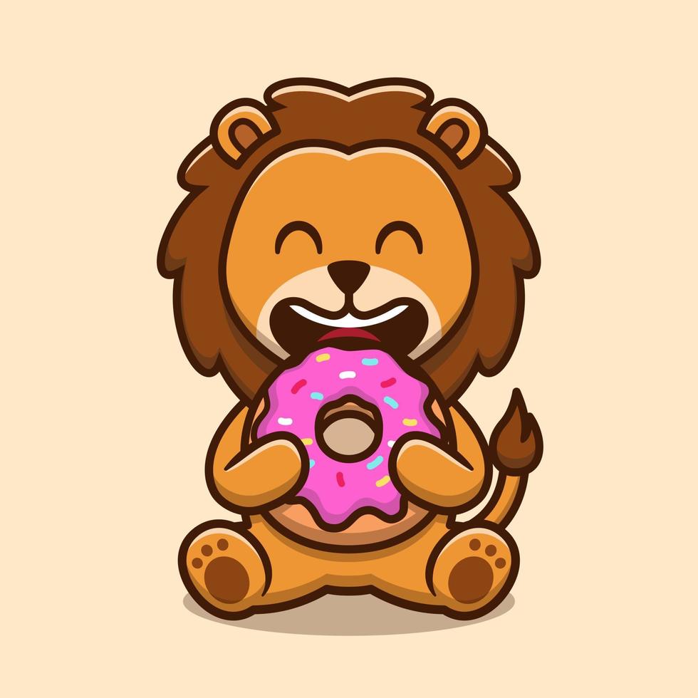 leão fofo comendo ilustração de ícone de desenho vetorial de rosquinha vetor