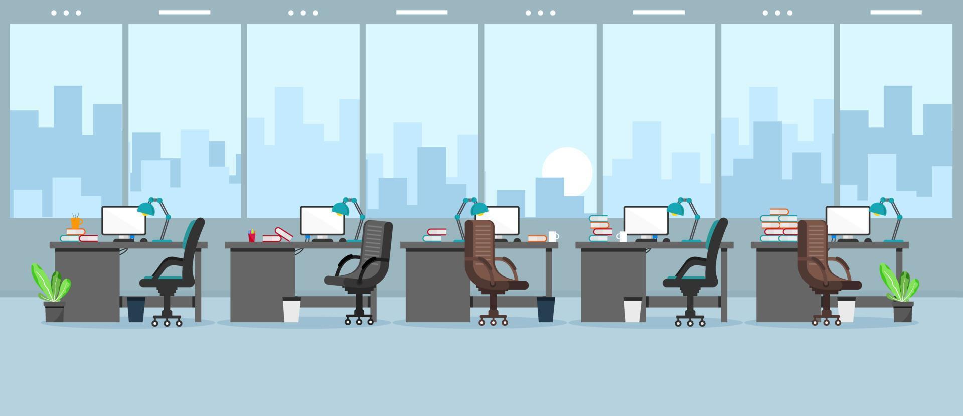 aprendendo e ensinando escritório de negócios para trabalhar interior moderno, armário de escritório com ilustração vetorial colorida de computador em design de vetor de estilo cartoon plana