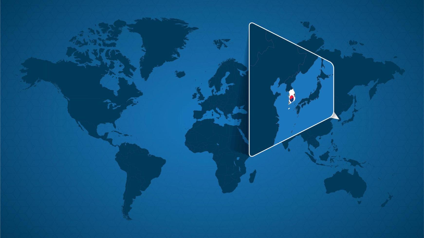 mapa-múndi detalhado com mapa ampliado fixado da coreia do sul e países vizinhos. vetor