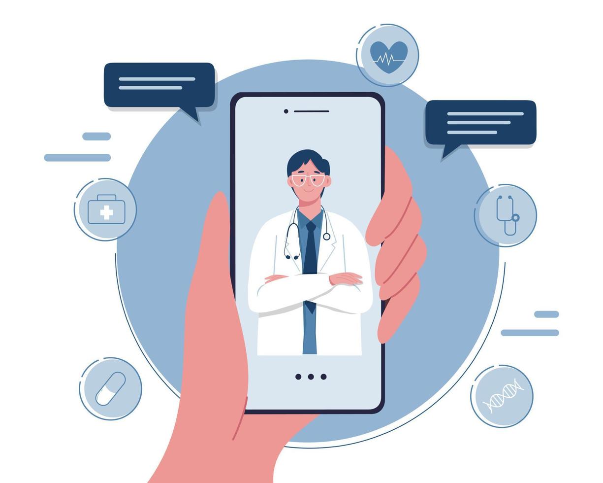 bate-papo por telefone com o médico através do aplicativo no conceito de aconselhamento médico on-line do smartphone vetor