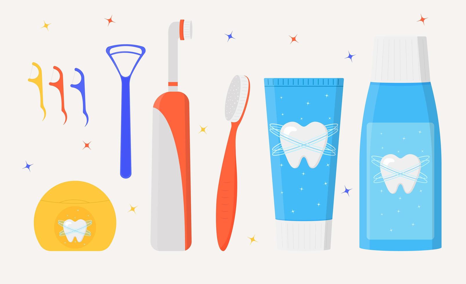 conjunto de ferramentas de limpeza da boca. várias escovas de dentes, creme dental, escova de língua, fio dental, enxaguatório bucal. higiene dental vetor