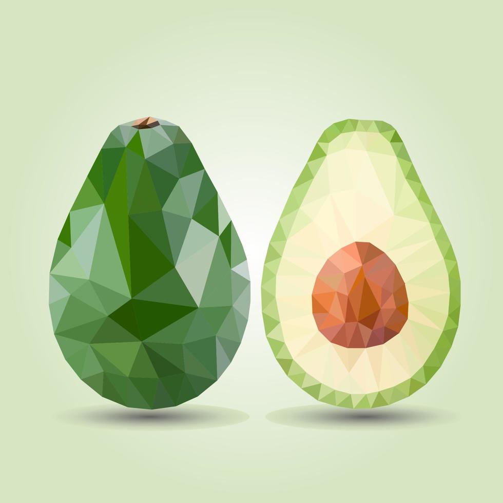 abacate verde, frutas tropicais, triangulação, poli baixa de ilustração vetorial realista. delicioso e saudável abacate. vetor