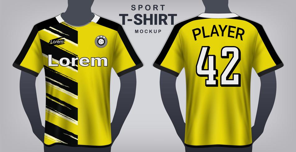 Jersey de futebol e modelo de maquete de t-shirt do esporte, Design gráfico realista frente e vista traseira para uniformes de jogo de futebol. vetor