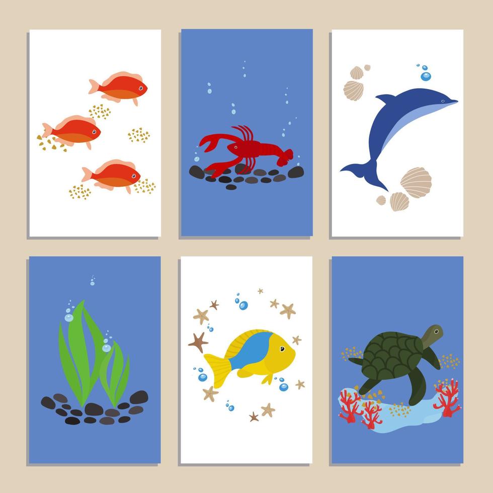 coleção de cartões sobre o tema do mar. peixe, algas marinhas, câncer, golfinho, tartaruga. ilustração vetorial, no estilo de desenho à mão. vetor