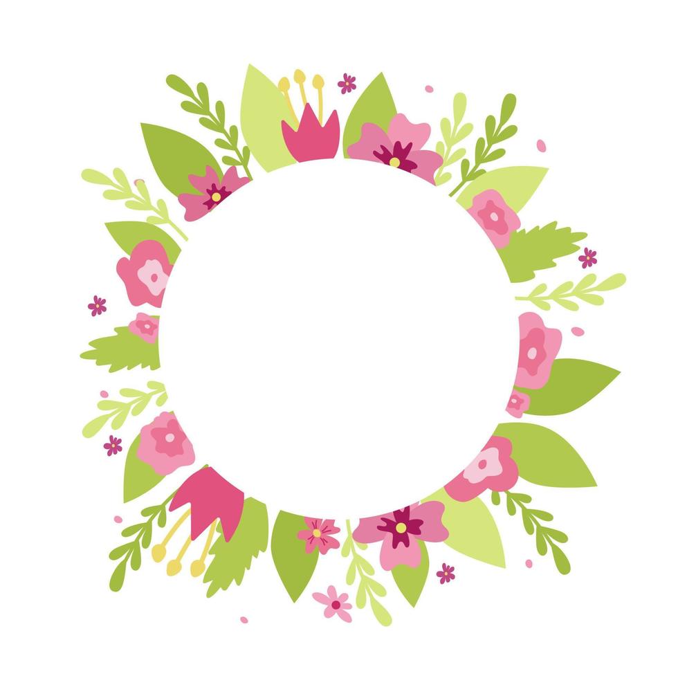 moldura de flores em forma de círculo. delicadas flores cor de rosa e folhas verdes. ilustração vetorial isolada. vetor