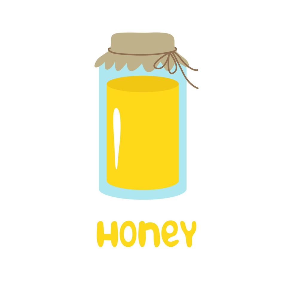 frasco de vidro com mel, a tampa é embrulhada com um pano de clipart, amarrado com um barbante. inscrição. ilustração vetorial dos desenhos animados isolada. vetor