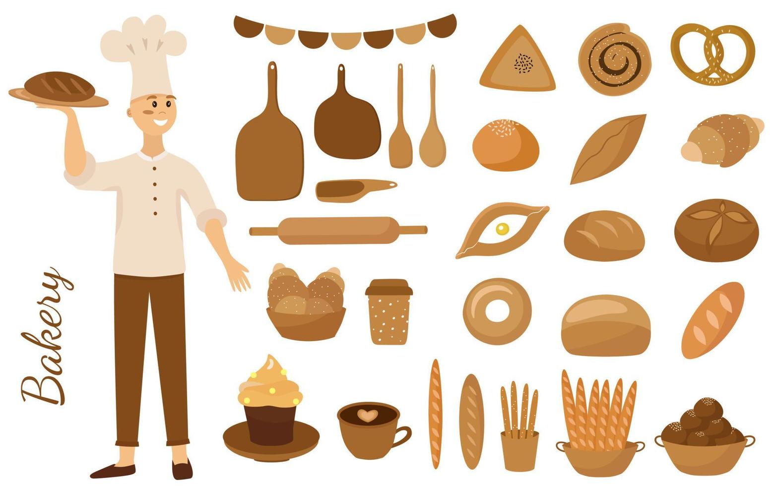 padaria, confeitaria, cozinheira. um conjunto de produtos de panificação, pão e confeitaria. pãezinhos, baguete, pão, croissant, bolo, khachapuri e utensílios de cozinha. a ilustração vetorial é isolada. vetor