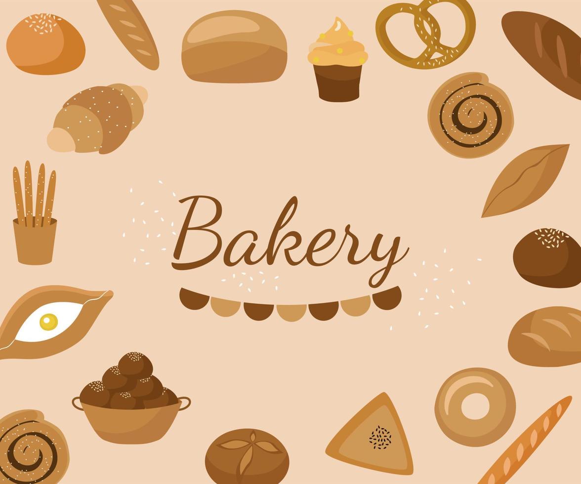 padaria, pastelaria, pão e produtos de confeitaria, pãezinhos, baguete, pão, croissant, bolo, khachapuri. banner, pôster, adesivo. a ilustração vetorial é isolada vetor