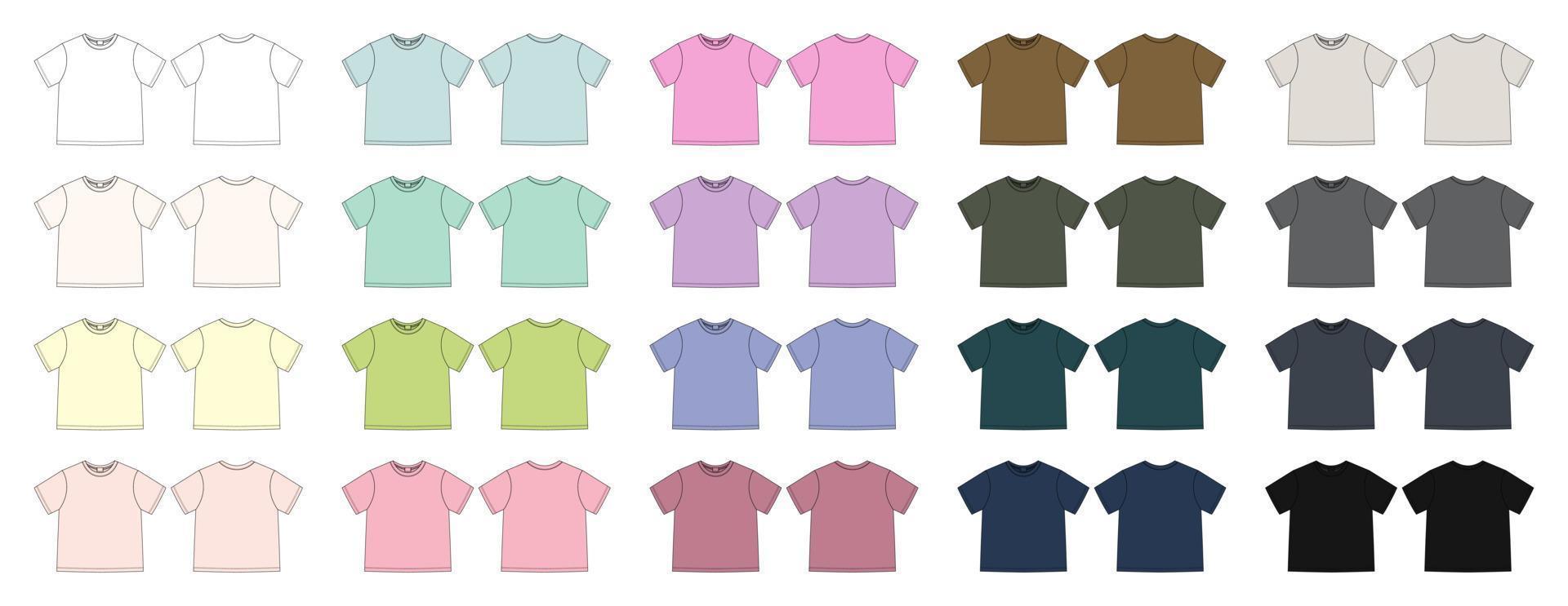 conjunto de camisa unissex de desenho técnico de vestuário. coleção de modelos de design de camiseta. vetor