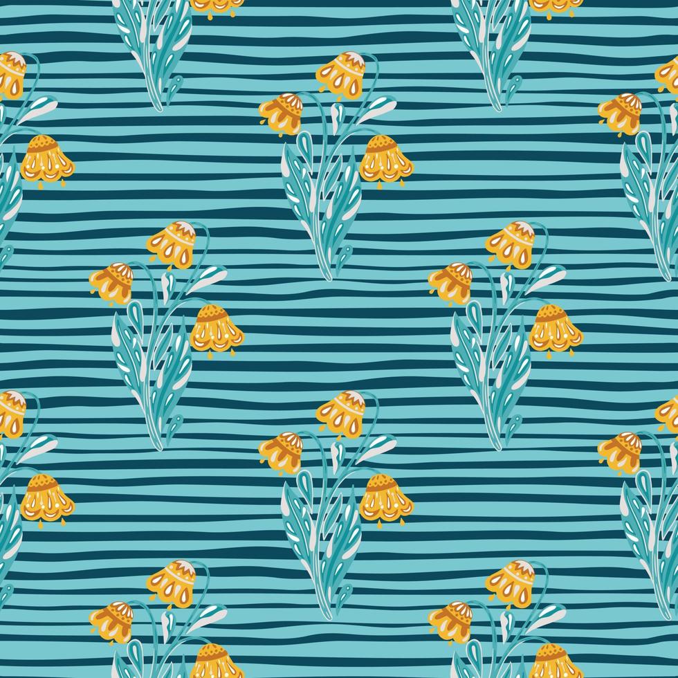 laranja flores brilhantes buquê sem costura padrão na mão desenhada estilo. fundo azul listrado. impressão de scrapbook. vetor