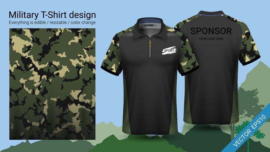 Projeto polo militar do t-shirt, com roupa da cópia da camuflagem. vetor