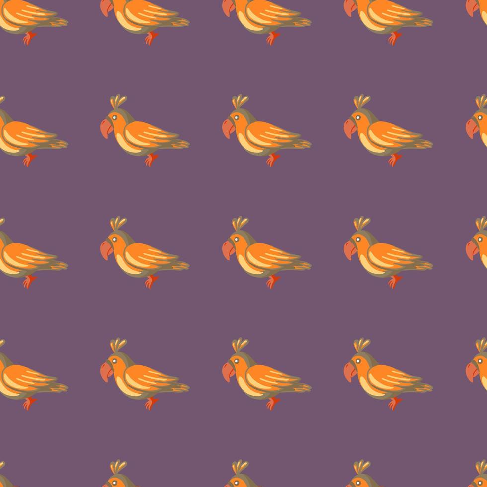 laranja papagaios silhuetas sem costura doodle padrão. fundo pastel roxo. cenário exótico do zoológico. vetor