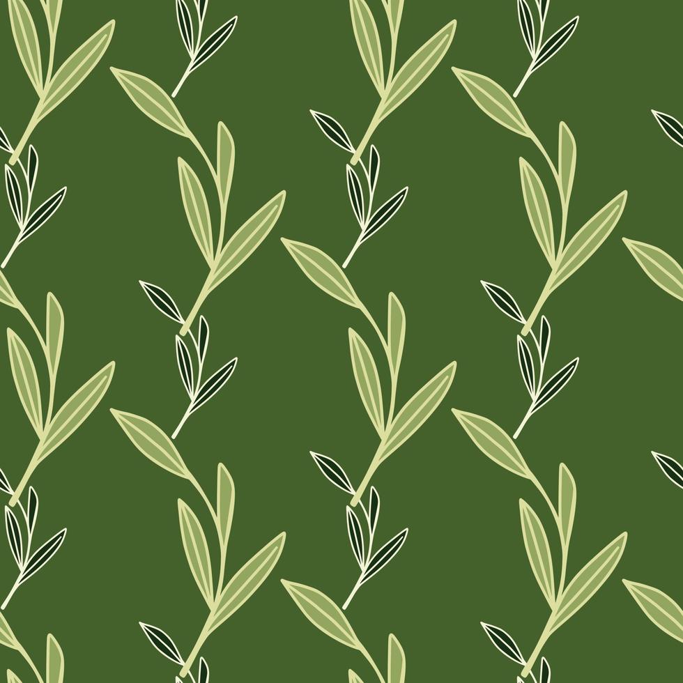 doodle padrão sem emenda com ornamento de folhagem de ramos de folha de contorno decorativo. fundo verde. vetor