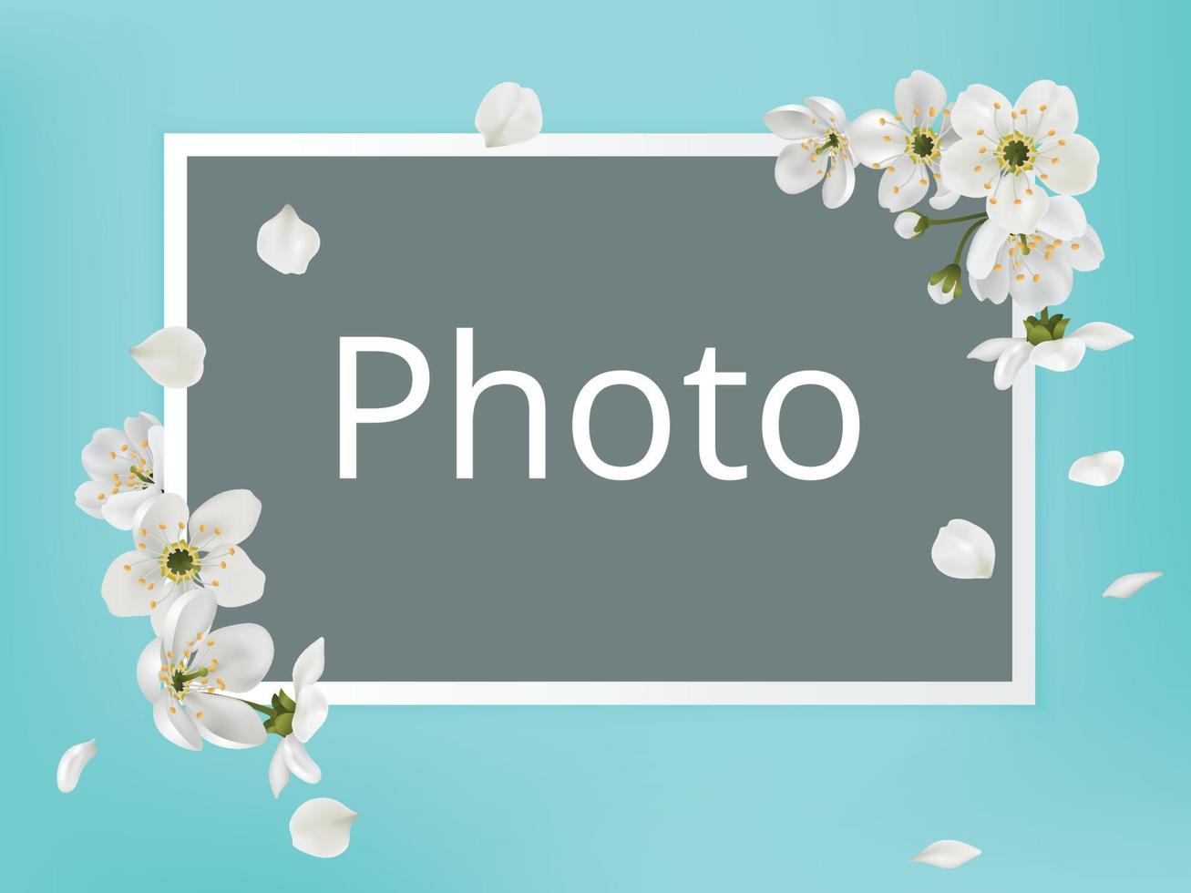 modelo de cartão vetorial com flores de sakura em branco. conjunto de flores de cerejeira. cartão postal florescendo flores em um quadro com parabéns em 8 de março feliz dia da mulher vetor