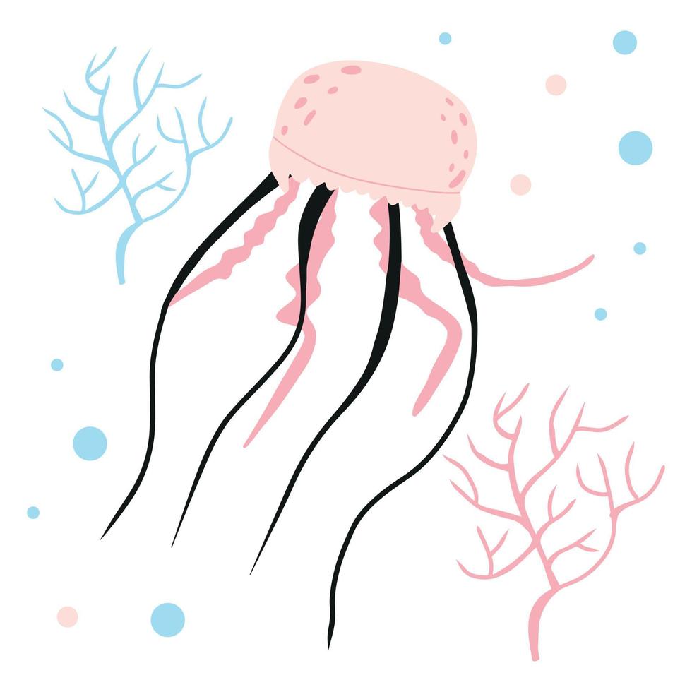 ilustração infantil de água-viva rosa com algas. cartaz desenhado à mão com medusas fofas para berçário. vetor