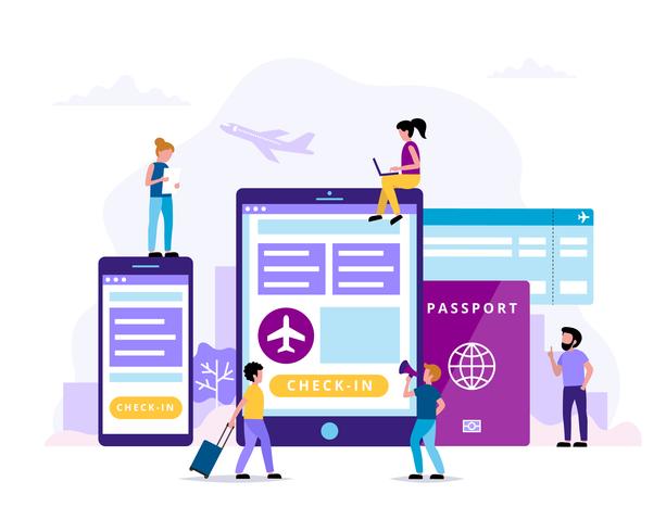Check-in, ilustração do conceito com tablet, smartphone, passaporte, cartão de embarque. Pequenas pessoas fazendo várias tarefas. vetor